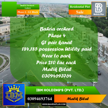 20 Marla Residential Plot for Sale in Phase 4 - G1 Block -  Bahria Orchard, Lahore - (BP-330889)