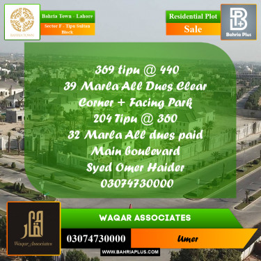 1 Kanal Residential Plot for Sale in Sector F - Tipu Sultan Block -  Bahria Town, Lahore - (BP-331183)