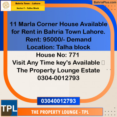 11 Marla Residential House for Rent in Sector F - Talha Block -  Bahria Town, Lahore - (BP-331260)