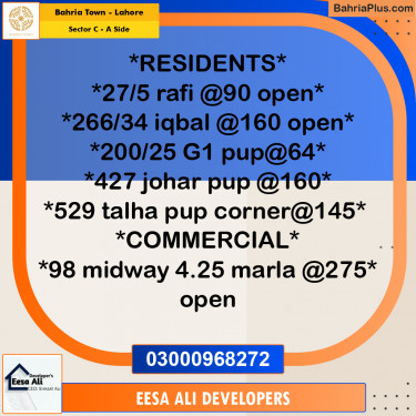 Residential Plot for Sale in Sector C - A Side -  Bahria Town, Lahore - (BP-331267)