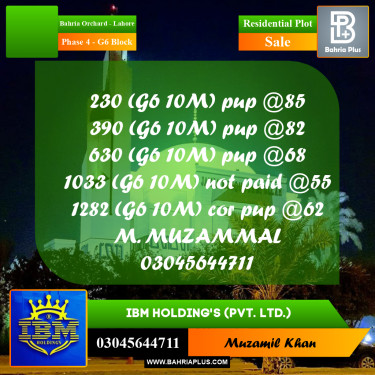 10 Marla Residential Plot for Sale in Phase 4 - G6 Block -  Bahria Orchard, Lahore - (BP-331358)