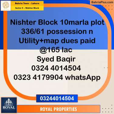 Residential Plot for Sale in Sector E - Nishtar Block -  Bahria Town, Lahore - (BP-331608)