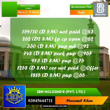 5 Marla Residential Plot for Sale in Phase 2 - D Block -  Bahria Orchard, Lahore - (BP-331877)