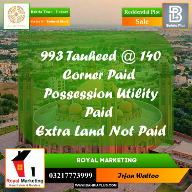 10 Marla Residential Plot for Sale in Sector F - Tauheed Block -  Bahria Town, Lahore - (BP-332052)