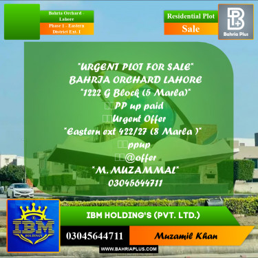 8 Marla Residential Plot for Sale in Phase 1 - Eastern District Ext. I -  Bahria Orchard, Lahore - (BP-332453)