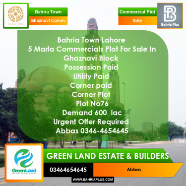 5 Marla Commercial Plot for Sale in Sector F - Ghaznavi Commercial -  Bahria Town, Lahore - (BP-332466)