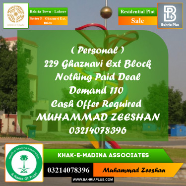 18 Marla Residential Plot for Sale in Sector F - Ghaznavi Ext. Block -  Bahria Town, Lahore - (BP-332558)