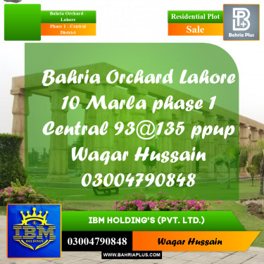 10 Marla Residential Plot for Sale in Phase 1 - Central District -  Bahria Orchard, Lahore - (BP-332656)