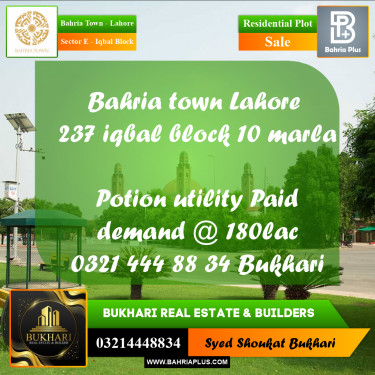 10 Marla Residential Plot for Sale in Sector E - Iqbal Block -  Bahria Town, Lahore - (BP-332973)