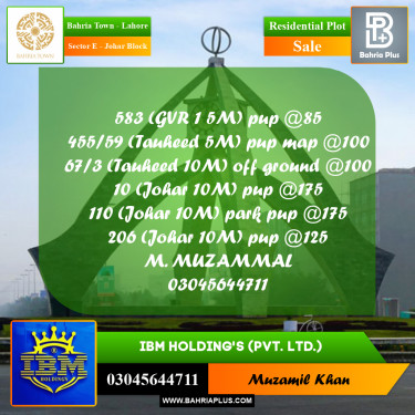 10 Marla Residential Plot for Sale in Sector E - Johar Block -  Bahria Town, Lahore - (BP-333069)