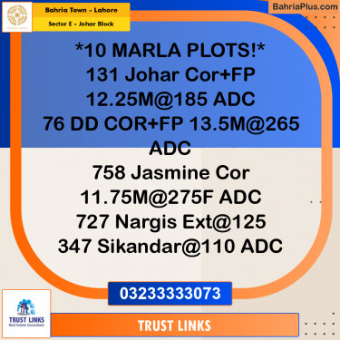 10 Marla Residential Plot for Sale in Sector E - Johar Block -  Bahria Town, Lahore - (BP-333539)