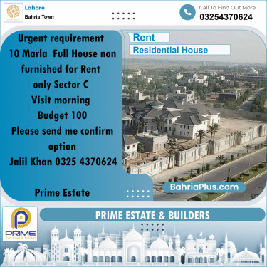 10 Marla Residential House for Rent in Bahria Town, Lahore - (BP-333728)
