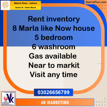 8 Marla Residential House for Rent in Sector B - Umer Block -  Bahria Town, Lahore - (BP-333815)