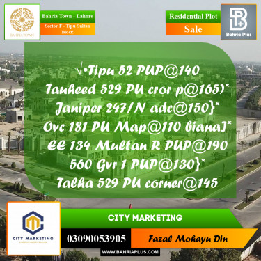 10 Marla Residential Plot for Sale in Sector F - Tipu Sultan Block -  Bahria Town, Lahore - (BP-334028)