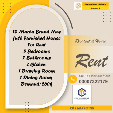 10 Marla Residential House for Rent in Overseas B -  Bahria Town, Lahore - (BP-334374)