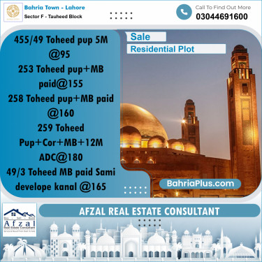 Residential Plot for Sale in Sector F - Tauheed Block -  Bahria Town, Lahore - (BP-334407)