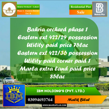 8 Marla Residential Plot for Sale in Phase 1 - Eastern District Ext. II -  Bahria Orchard, Lahore - (BP-334697)
