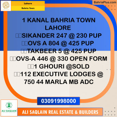 1 Kanal Residential Plot for Sale in Bahria Town, Lahore - (BP-334815)