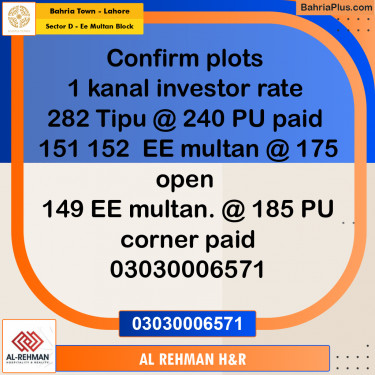 1 Kanal Residential Plot for Sale in Sector D - EE Multan Block -  Bahria Town, Lahore - (BP-334980)