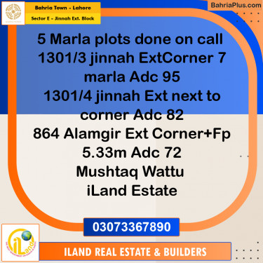 5 Marla Residential Plot for Sale in Sector E - Jinnah Ext. Block -  Bahria Town, Lahore - (BP-335049)