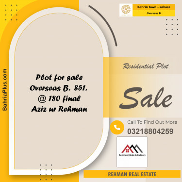 10 Marla Residential Plot for Sale in Overseas B -  Bahria Town, Lahore - (BP-335120)