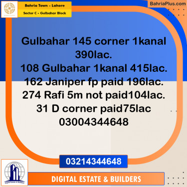 1 Kanal Residential Plot for Sale in Sector C - Gulbahar Block -  Bahria Town, Lahore - (BP-335186)
