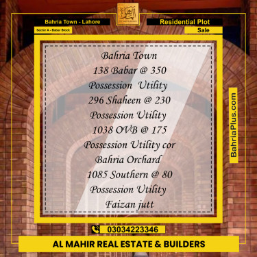 Residential Plot for Sale in Sector A - Babar Block -  Bahria Town, Lahore - (BP-335318)