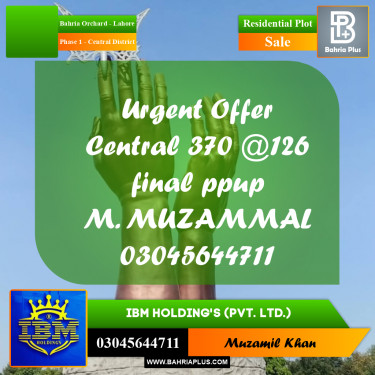 10 Marla Residential Plot for Sale in Phase 1 - Central District -  Bahria Orchard, Lahore - (BP-335347)