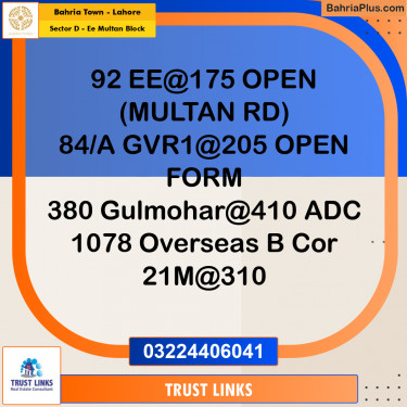 1 Kanal Residential Plot for Sale in Sector D - EE Multan Block -  Bahria Town, Lahore - (BP-335371)
