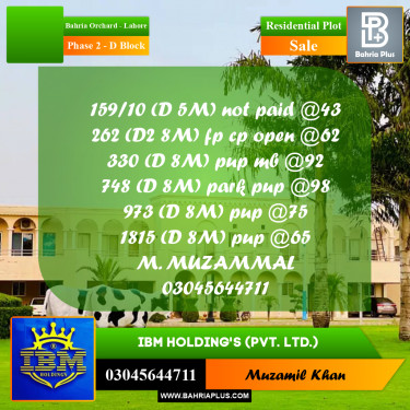 5 Marla Residential Plot for Sale in Phase 2 - D Block -  Bahria Orchard, Lahore - (BP-335948)