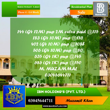 10 Marla Residential Plot for Sale in Phase 4 - G4 Block -  Bahria Orchard, Lahore - (BP-335975)