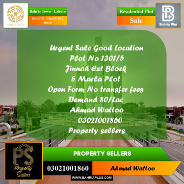 5 Marla Residential Plot for Sale in Sector E - Jinnah Ext. Block -  Bahria Town, Lahore - (BP-335988)