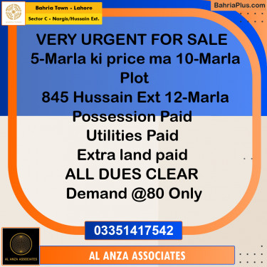 10 Marla Residential Plot for Sale in Sector C - Nargis/Hussain Ext. -  Bahria Town, Lahore - (BP-336116)