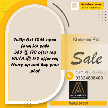 10 Marla Residential Plot for Sale in Sector C - Tulip Ext. Block -  Bahria Town, Lahore - (BP-336249)