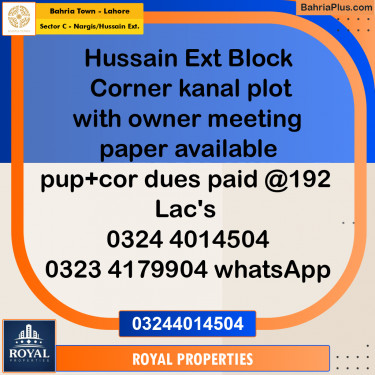 Residential Plot for Sale in Sector C - Nargis/Hussain Ext. -  Bahria Town, Lahore - (BP-336392)