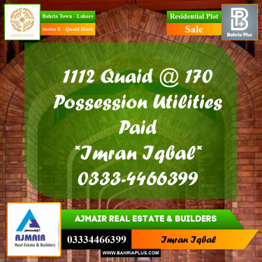 10 Marla Residential Plot for Sale in Sector E - Quaid Block -  Bahria Town, Lahore - (BP-336540)