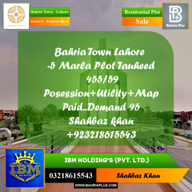 5 Marla Residential Plot for Sale in Sector F - Tauheed Block -  Bahria Town, Lahore - (BP-336848)