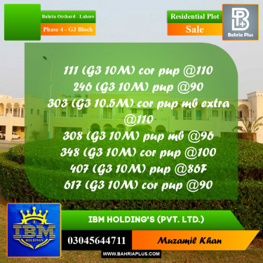 10 Marla Residential Plot for Sale in Phase 4 - G3 Block -  Bahria Orchard, Lahore - (BP-337008)