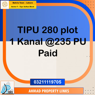 1 Kanal Residential Plot for Sale in Sector F - Tipu Sultan Block -  Bahria Town, Lahore - (BP-337012)