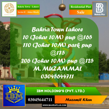 10 Marla Residential Plot for Sale in Sector E - Johar Block -  Bahria Town, Lahore - (BP-337024)