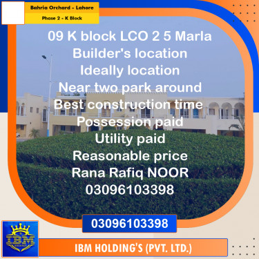 5 Marla Residential Plot for Sale in Phase 2 - K Block -  Bahria Orchard, Lahore - (BP-346604)