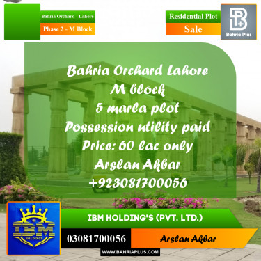 5 Marla Residential Plot for Sale in Phase 2 - M Block -  Bahria Orchard, Lahore - (BP-346755)