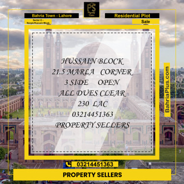 21.5 Marla Residential Plot for Sale in Sector C - Nargis/Hussain Block -  Bahria Town, Lahore - (BP-346790)