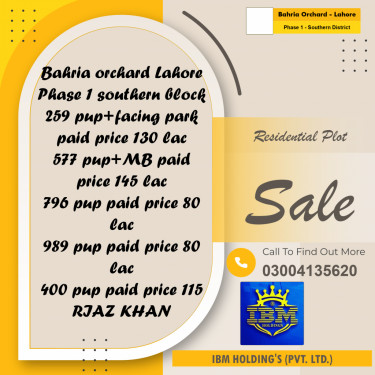 10 Marla Residential Plot for Sale in Phase 1 - Southern District -  Bahria Orchard, Lahore - (BP-346796)