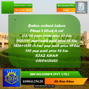 5 Marla Residential Plot for Sale in OLC-A Ext. Block -  Bahria Orchard, Lahore - (BP-346808)