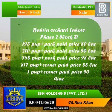 8 Marla Residential Plot for Sale in Phase 2 - D Block -  Bahria Orchard, Lahore - (BP-346815)