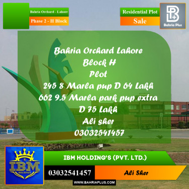 8 Marla Residential Plot for Sale in Phase 2 - H Block -  Bahria Orchard, Lahore - (BP-346817)