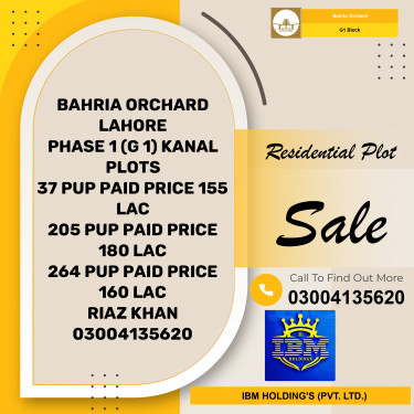 1 Kanal Residential Plot for Sale in Phase 4 - G1 Block -  Bahria Orchard, Lahore - (BP-346824)