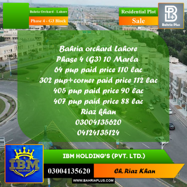 10 Marla Residential Plot for Sale in Phase 4 - G3 Block -  Bahria Orchard, Lahore - (BP-346826)