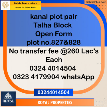Residential Plot for Sale in Sector F - Talha Block -  Bahria Town, Lahore - (BP-346832)
